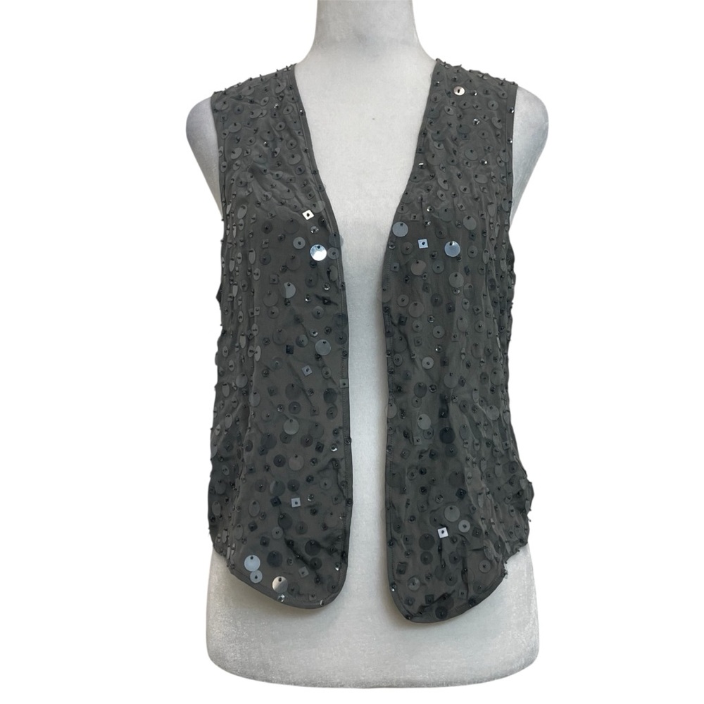 Forever 21 Love21 100% Silk Gray Beaded and Sequin Open Front Vest